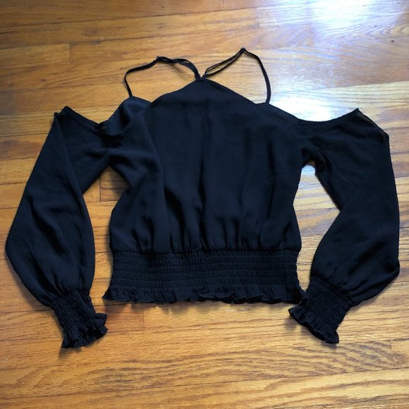 GUESS Black Cold Shoulder Blouse with Criss Cross Detail - Picture 3 of 8